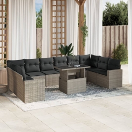 Set de sofás de jardín 11 pzas y cojines ratán sintético gris