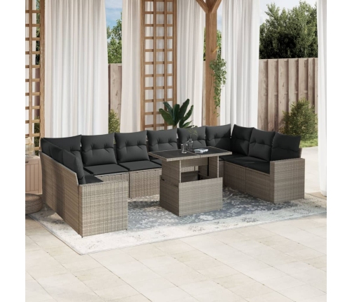 Set de sofás de jardín 11 pzas y cojines ratán sintético gris
