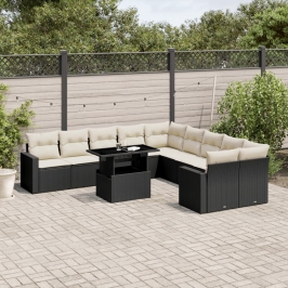 Set de sofás de jardín 11 pzas y cojines ratán sintético negro