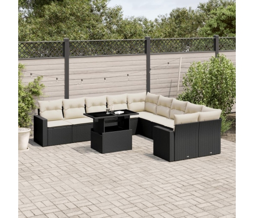 Set de sofás de jardín 11 pzas y cojines ratán sintético negro