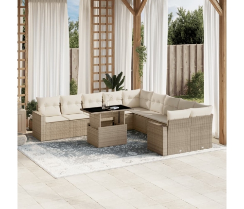 Set de sofás de jardín 11pzas con cojines ratán sintético beige