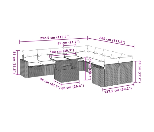 Set de sofás de jardín 11pzas con cojines ratán sintético beige