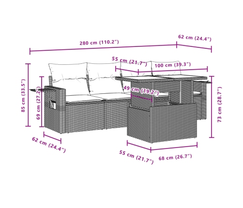 Set de muebles de jardín 5 pzas y cojines ratán sintético negro
