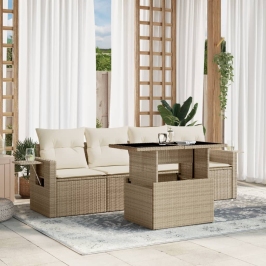 Juego de sofás jardín con cojines 5 pzas ratán sintético beige