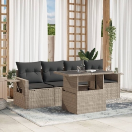 Set de sofás jardín y cojines 5 pzas ratán sintético gris claro