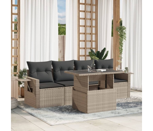 Set de sofás jardín y cojines 5 pzas ratán sintético gris claro