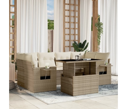 Set sofás de jardín 7 piezas y cojines ratán sintético beige