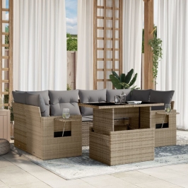 Set sofás de jardín 7 piezas y cojines ratán sintético beige