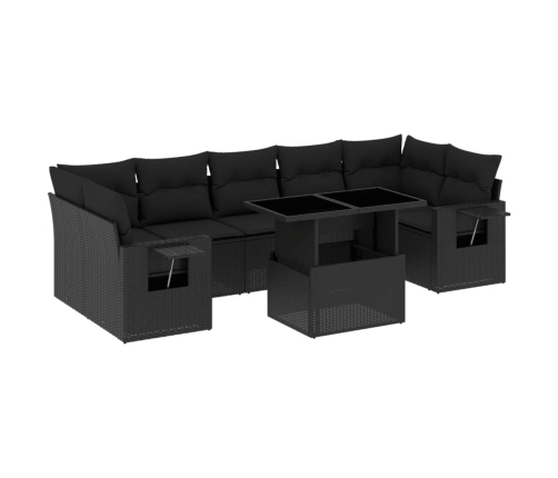 Set de sofás de jardín 8 piezas y cojines ratán sintético negro