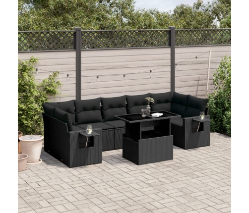 Set de sofás de jardín 8 piezas y cojines ratán sintético negro