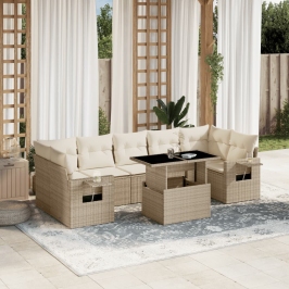 Set de sofás de jardín y cojines 8 piezas ratán sintético beige