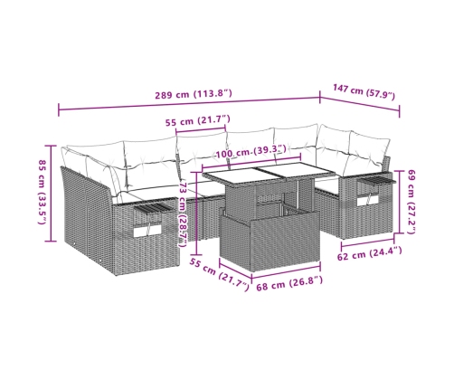Set de sofás de jardín y cojines 8 piezas ratán sintético gris
