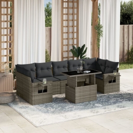 Set de sofás de jardín y cojines 8 piezas ratán sintético gris