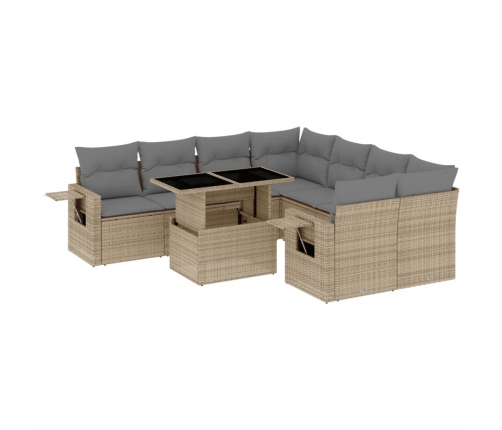 Set de sofás de jardín 9 pzas con cojines ratán sintético beige