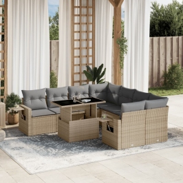 Set de sofás de jardín 9 pzas con cojines ratán sintético beige