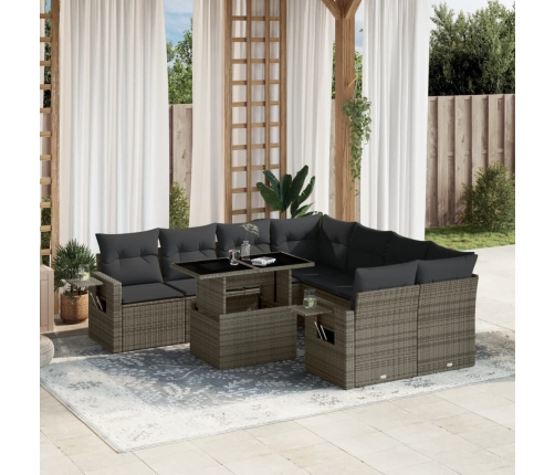 Set de muebles de jardín 9 pzas y cojines ratán sintético gris