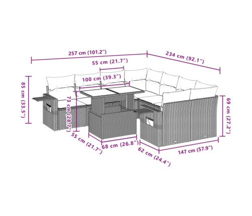 Set muebles jardín 9 pzas y cojines ratán sintético gris claro