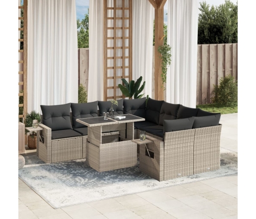 Set muebles jardín 9 pzas y cojines ratán sintético gris claro