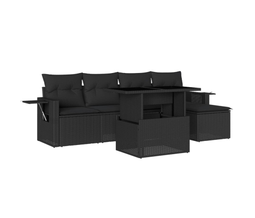 Set de sofás de jardín 6 piezas y cojines ratán sintético negro