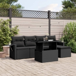 Set de sofás de jardín 6 piezas y cojines ratán sintético negro
