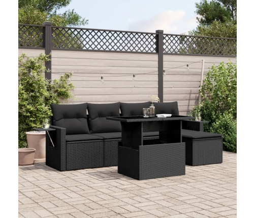 Set de sofás de jardín 6 piezas y cojines ratán sintético negro