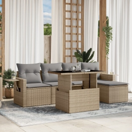 Juego de sofás jardín con cojines 6 pzas ratán sintético beige