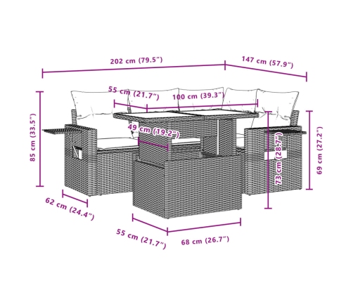 Set comedor de jardín 5 piezas y cojines ratán sintético marrón