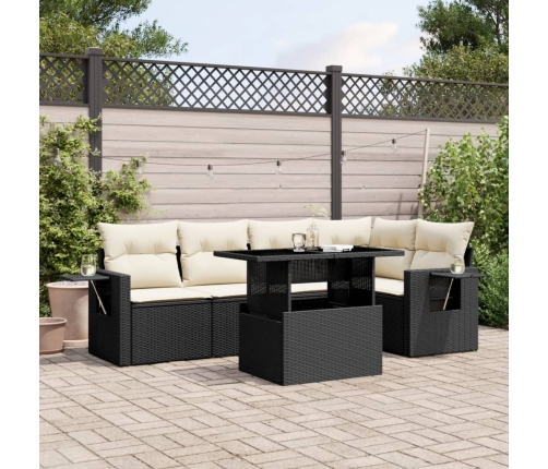 Set de sofás de jardín 6 piezas y cojines ratán sintético negro