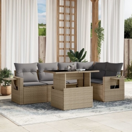 Juego de sofás jardín con cojines 6 pzas ratán sintético beige