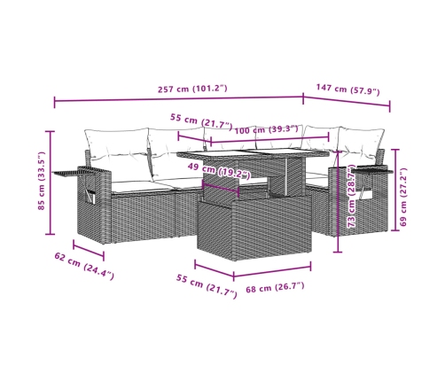 Set de muebles de jardín 6 pzas y cojines ratán sintético gris