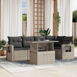 Set de sofás de jardín 6 pzas y cojines ratán sintético gris