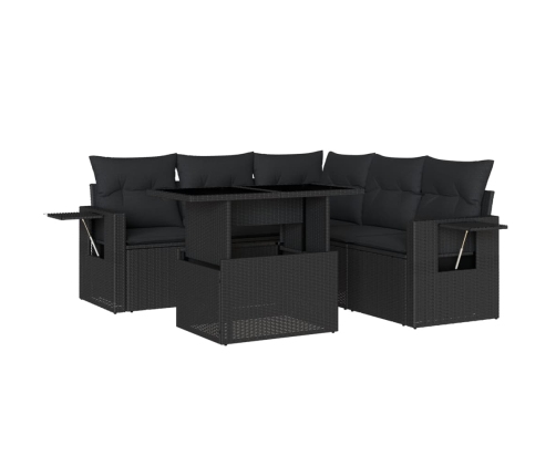 Set de sofás de jardín 6 piezas y cojines ratán sintético negro