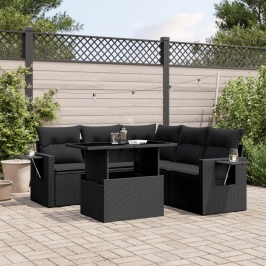 Set de sofás de jardín 6 piezas y cojines ratán sintético negro