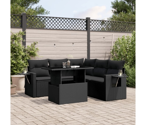Set de sofás de jardín 6 piezas y cojines ratán sintético negro