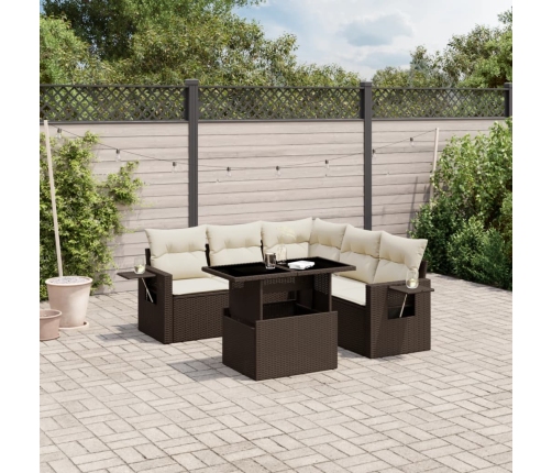 Set sofás de jardín 6 piezas y cojines ratán sintético marrón