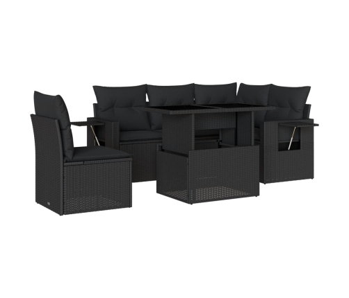 Set de sofás de jardín 6 piezas y cojines ratán sintético negro