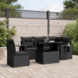 Set de sofás de jardín 6 piezas y cojines ratán sintético negro
