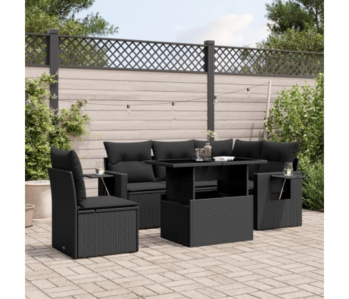 Set de sofás de jardín 6 piezas y cojines ratán sintético negro