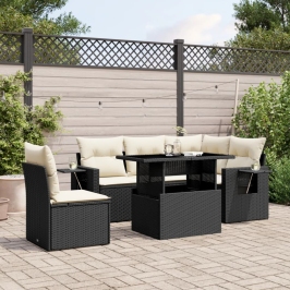 Set de sofás de jardín 6 piezas y cojines ratán sintético negro