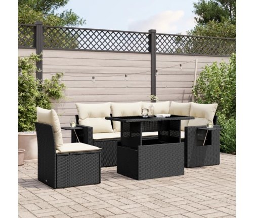 Set de sofás de jardín 6 piezas y cojines ratán sintético negro