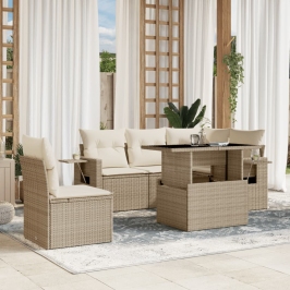 Juego de sofás jardín con cojines 6 pzas ratán sintético beige