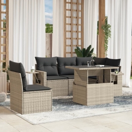 Set de sofás de jardín 6 pzas y cojines ratán sintético gris