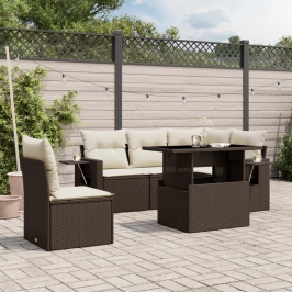 Set sofás de jardín 6 piezas y cojines ratán sintético marrón