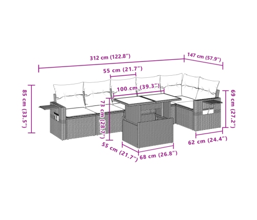 Set sofás de jardín 7 piezas y cojines ratán sintético beige