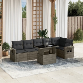 Set de sofás de jardín 7 pzas con cojines ratán sintético gris