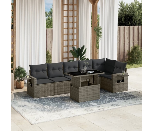 Set de sofás de jardín 7 pzas con cojines ratán sintético gris