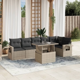 Set de sofás de jardín 7 pzas con cojines ratán PE gris claro