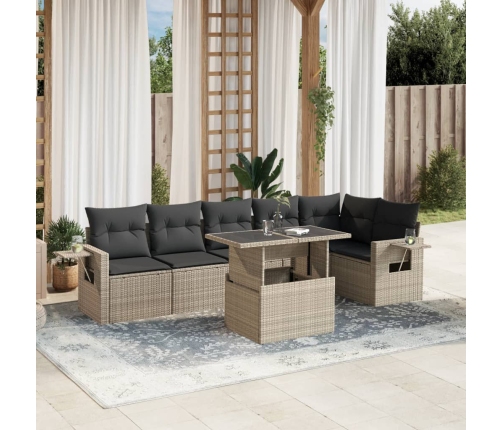 Set de sofás de jardín 7 pzas con cojines ratán PE gris claro