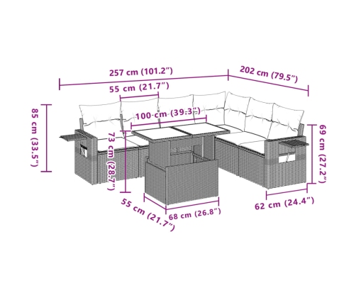 Set sofás de jardín 7 piezas y cojines ratán sintético beige