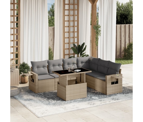 Set sofás de jardín 7 piezas y cojines ratán sintético beige